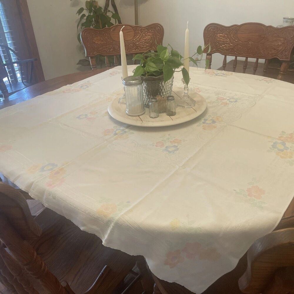 Vintage White Damask w/ Pink Blue Peach Green Floral Tablecloth 51”x47” Cottage